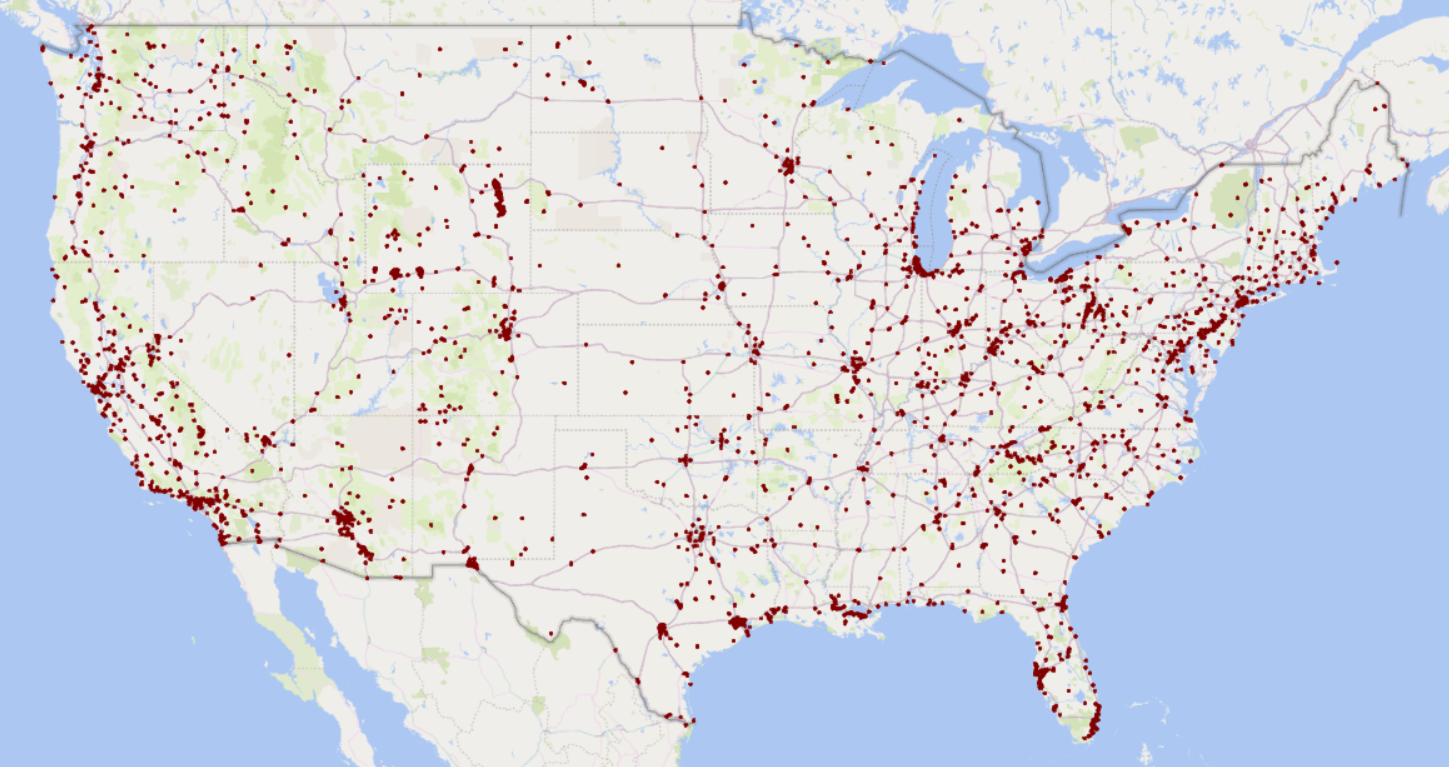 Map of AQS site locations in 2020